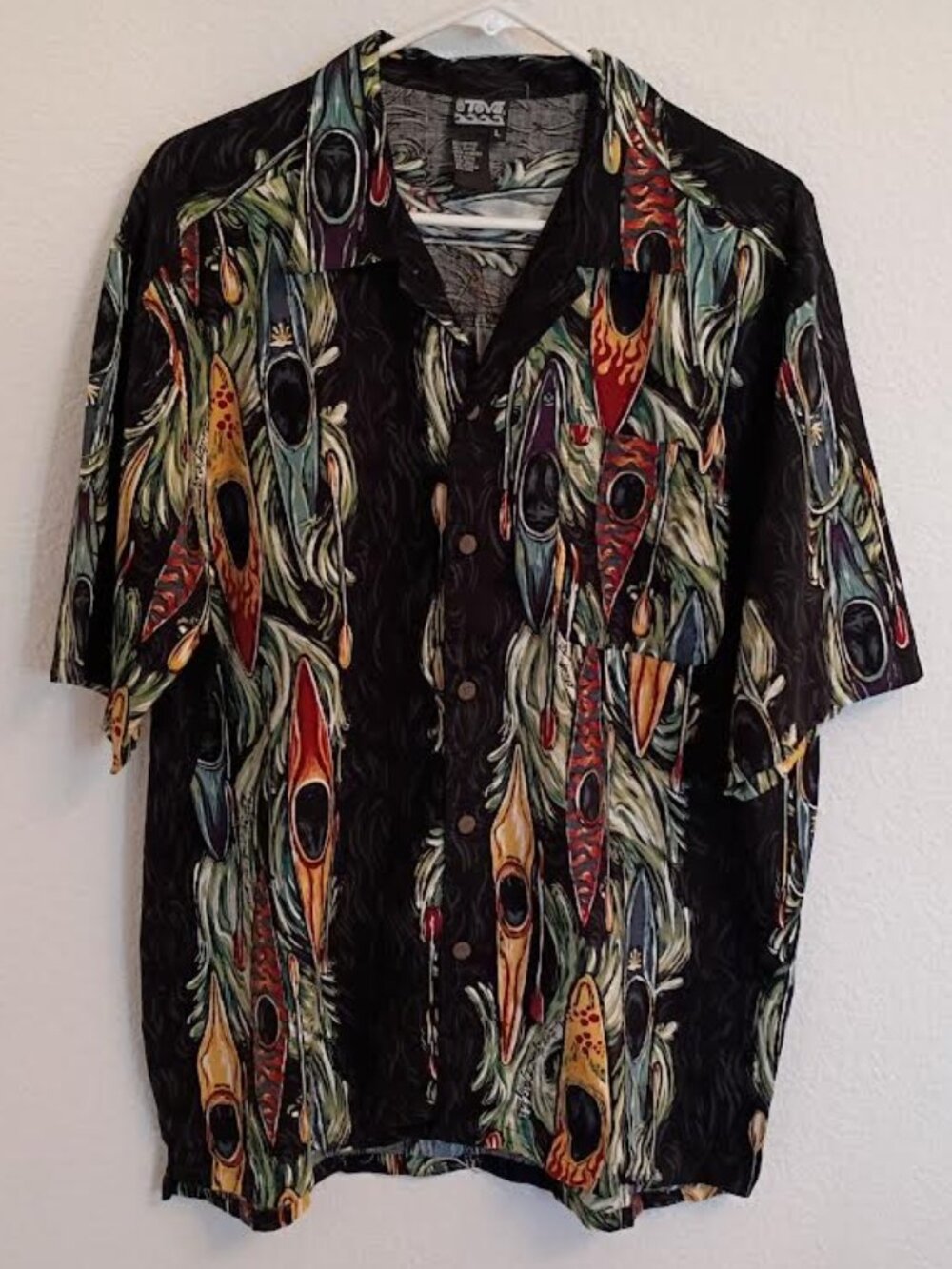 VINTAGE TEVA MEN'S KAYAK PRINT SHIRT BLACK BUTTON UP SHORT SLEEVE 90'S SIZE LAR